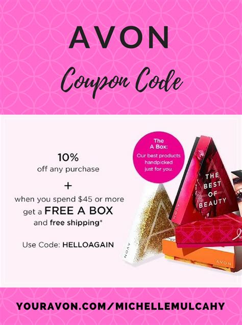 Avon Coupon Code! Get 10% off + a FREE A Box + FREE Shipping when you spend $45 or more. Use ...