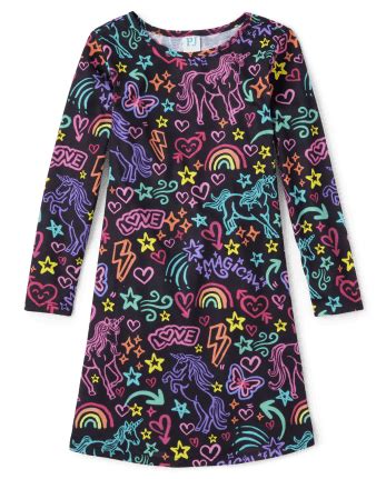 Girls Long Sleeve Unicorn Print Nightgown | The Children's Place - BLACK