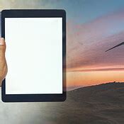 Person, hands and tablet screen with space, double exposure and mockup ...