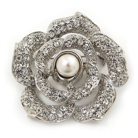 Romantic Swarovski Crystal 'Rose' Brooch In Silver Plating - 4cm ...