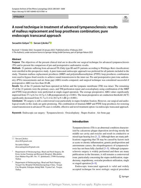 A novel technique in treatment of advanced tympanosclerosis: results of malleus replacement and ...