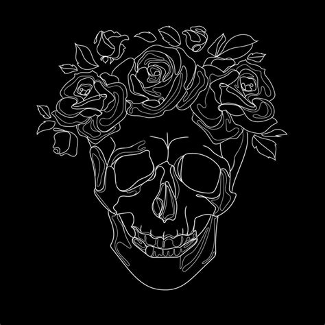 Human skull and flower wreath line art drawing on black background,Vector illustration.Skull ...