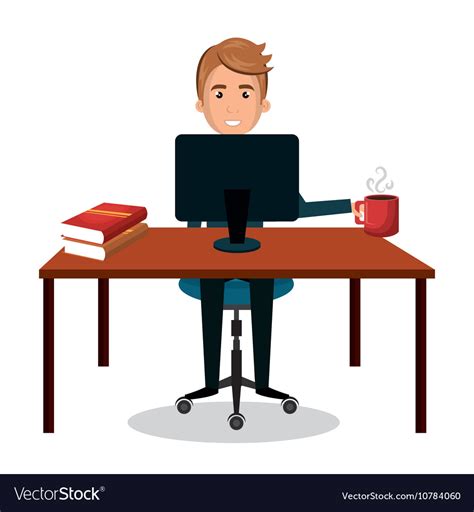 Man cartoon working laptop with book and cup Vector Image