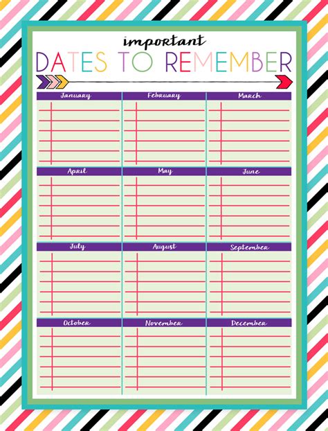 Free Printable Dates to Remember Log | Organizational printables, Free printables, Important dates