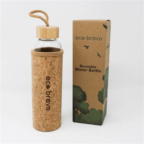 Reusable Glass Water Bottle with Cork Sleeve and Bamboo Lid | Eco Bravo UK