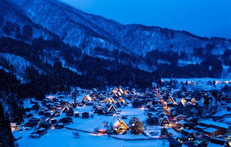 Wallpaper winter, snow, mountains, night, lights, home, Japan, the island of Honshu, Gokayama ...