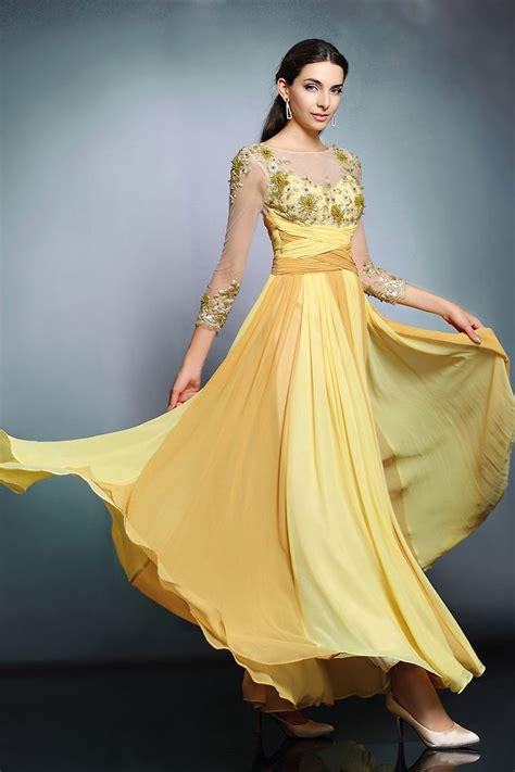 New Yellow Bateau Chiffon A Line Long Prom Dress With Sleeves XHD31245 | Evening dresses elegant ...