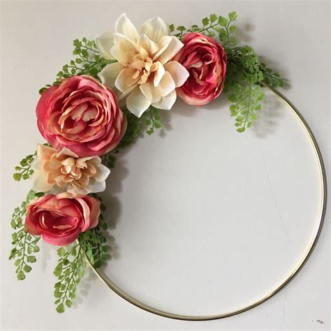 Gold Circle Floral Arrangement Hoop Wall Hanging Wreath / Peach Coral ...