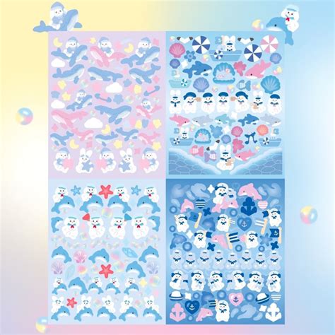 Korean Laser Cute Cartoon Navy Rabbit Dolphin Whale Shark Stickers Kids Handbook Photo Card ...