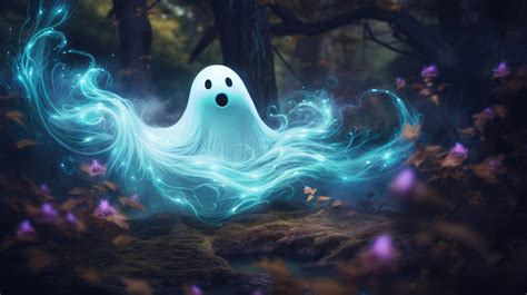 A cute ghost frolics playfully through a mystical glowing forest, leaves swirling around them