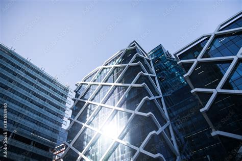 Blue office tower commercial real estate facade office sky looking up ...