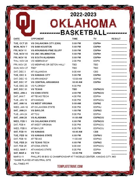 Printable 2022-2023 Oklahoma Sooners Basketball Schedule