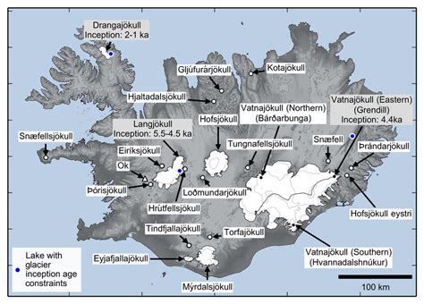 Map of Iceland with modeled glaciers labeled. Labels with grey fill ...