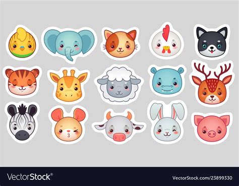 Cute animal stickers smiling adorable animals vector image on VectorStock in 2020 | Cute animal ...