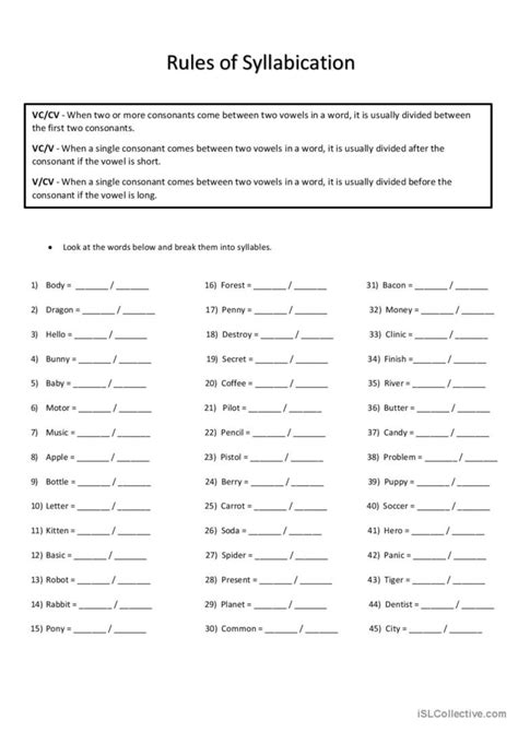 Syllabication Rules: English ESL worksheets pdf & doc