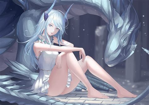 Girl and dragon, anime, blue, fantasy, girl, manga, rinmmo, dragon, HD wallpaper | Peakpx