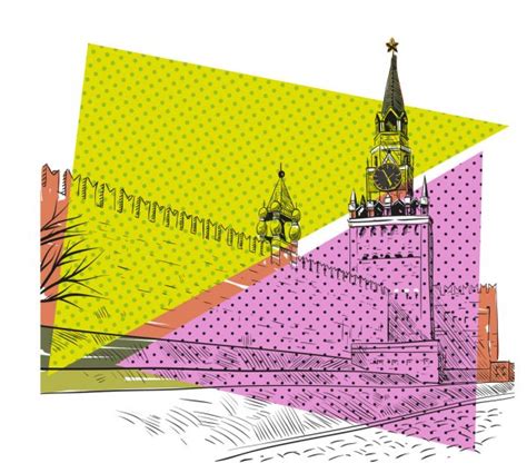 KREMLIN WALL AND RED SQUARE, MOSCOW, RUSSIA: Hand drawn sketch, illustration. Poster, postcard ...