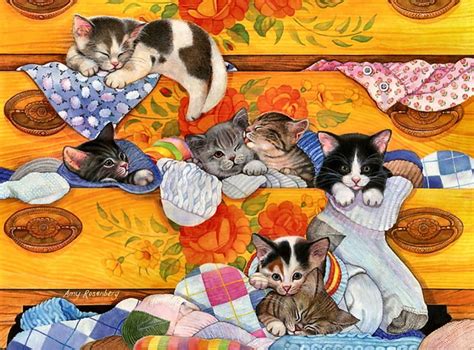 Cozy Dresser F, animal, art, feline, cat, kittens, artwork, wide screen, painting, pet, dresser ...