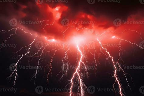 Dark, stormy sky ablaze with intense red lightning bolts. AI Generated ...