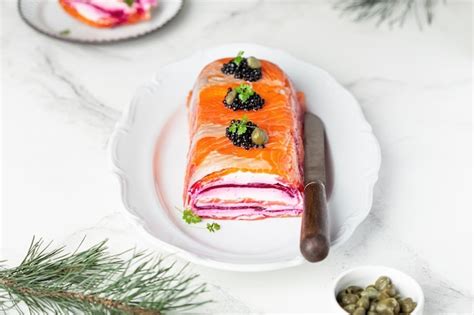 Premium Photo | Salmon terrine with cream cheese and beet