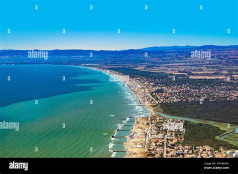 aerial view to coast of Italy near Rome with touristic beaches in ...