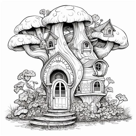 Premium AI Image | a black and white drawing of a mushroom house with a ...