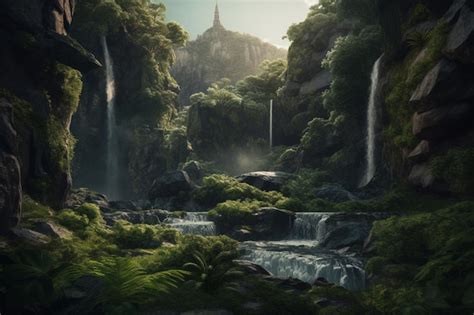 Premium AI Image | A waterfall in a forest with a mountain in the ...