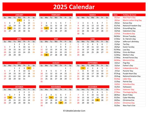 2025 Printable Calendar with Holidays