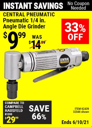 CENTRAL PNEUMATIC Pneumatic 1/4 in. Angle Die Grinder for $9.99 – Harbor Freight Coupons