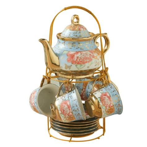 Ceramic Tea Set with Teapot Cups Saucer Serving 6 People Elegant Collection Blue - Walmart.com