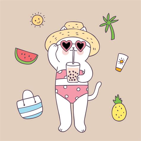 Cartoon cute summer cat on beach vector. 544968 Vector Art at Vecteezy