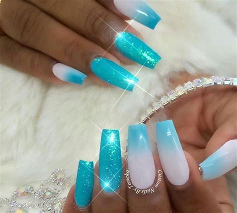 Aqua glitter ombré coffin nails | Turquoise nails, Blue acrylic nails, Trendy nail art summer