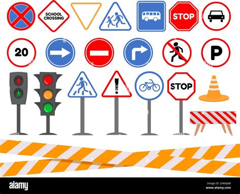 Cartoon traffic light and road signs for kids safety. Caution and ...