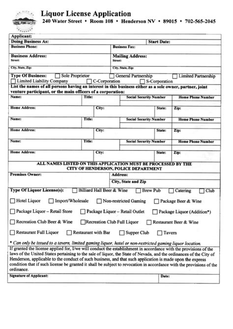 Liquor License Application Form printable pdf download