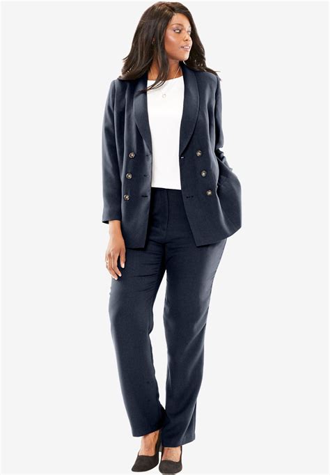 Our classic fully lined plus size pant suit has a shawl collar for a feminine look and is ...