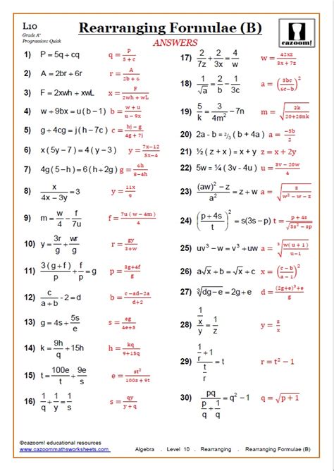 Rearranging Algebraic Equations Worksheet with Answers