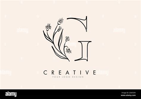 Black Outline G letter logo design with black flowers vector illustration. Creative and elegant ...