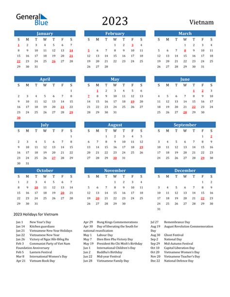 Vietnam Calendars with Holidays