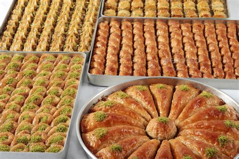 Traditional Turkish dessert Baklava. Varieties with pistachio, walnut, almond and hazelnut ...