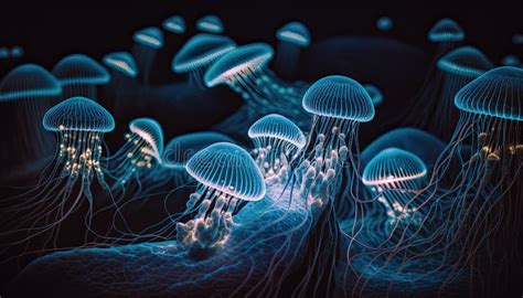 Bioluminescent Jellyfish Glowing Purple and Blue in the Ocean. Sea ...