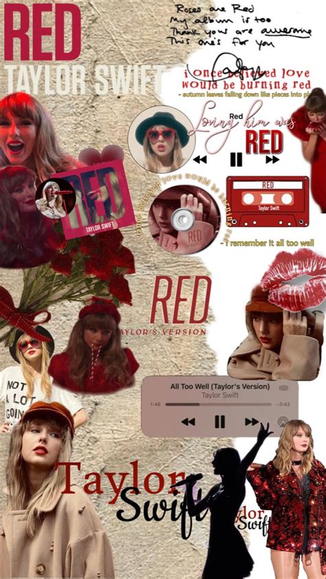 a collage of red images and text on a white background with the words taylor swift