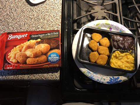 Banquet chicken nuggets, macaroni & cheese, and a “fudge brownie ...