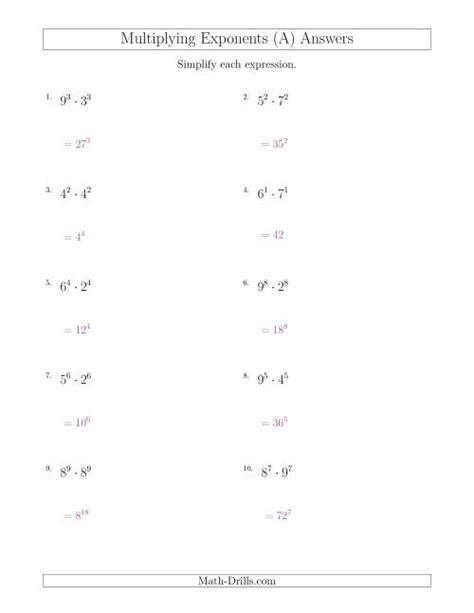 Multiplying Exponents With Different Bases and the Same Exponent (All Positive) (A)