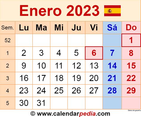 Calendario Enero 2023 Con Festivos Para Imprimir - IMAGESEE