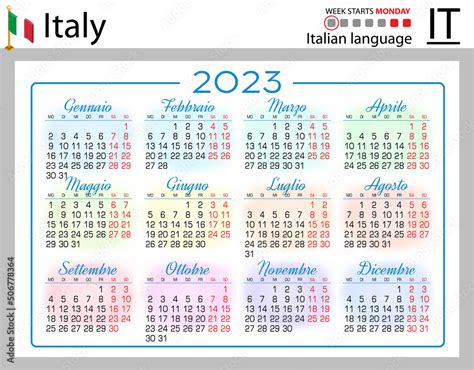 Italian horizontal pocket calendar for 2023. Week starts Monday Stock Vector | Adobe Stock