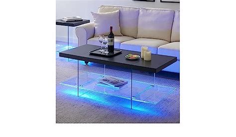 T4TREAM Modern Coffee Tables with RGB Led Light, Clear Tempered Glass and Wood Center Table for ...