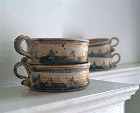 Vintage Studio Pottery Soup Bowl Set Handmade Stoneware Soup