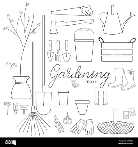 Gardening tools set outline simple minimalistic flat design vector illustration isolated on ...