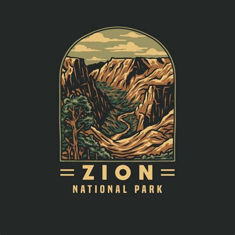 Emblem sticker patch logo illustration of Zion National Park, hand drawn line style with digital ...