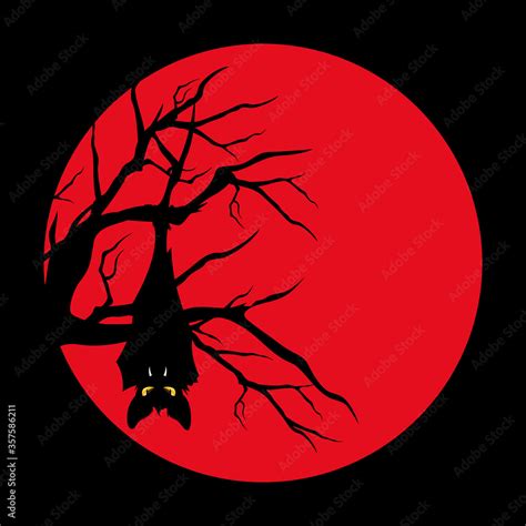 vampire bat hanging on bare tree branch against red full moon - halloween theme vector character ...